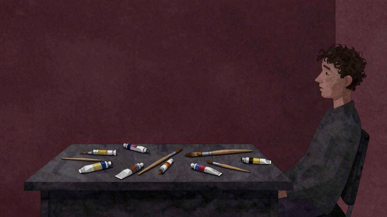 筆と絵の具が散らばる治療室の机を見下ろす患者の疲れた視線のイラスト