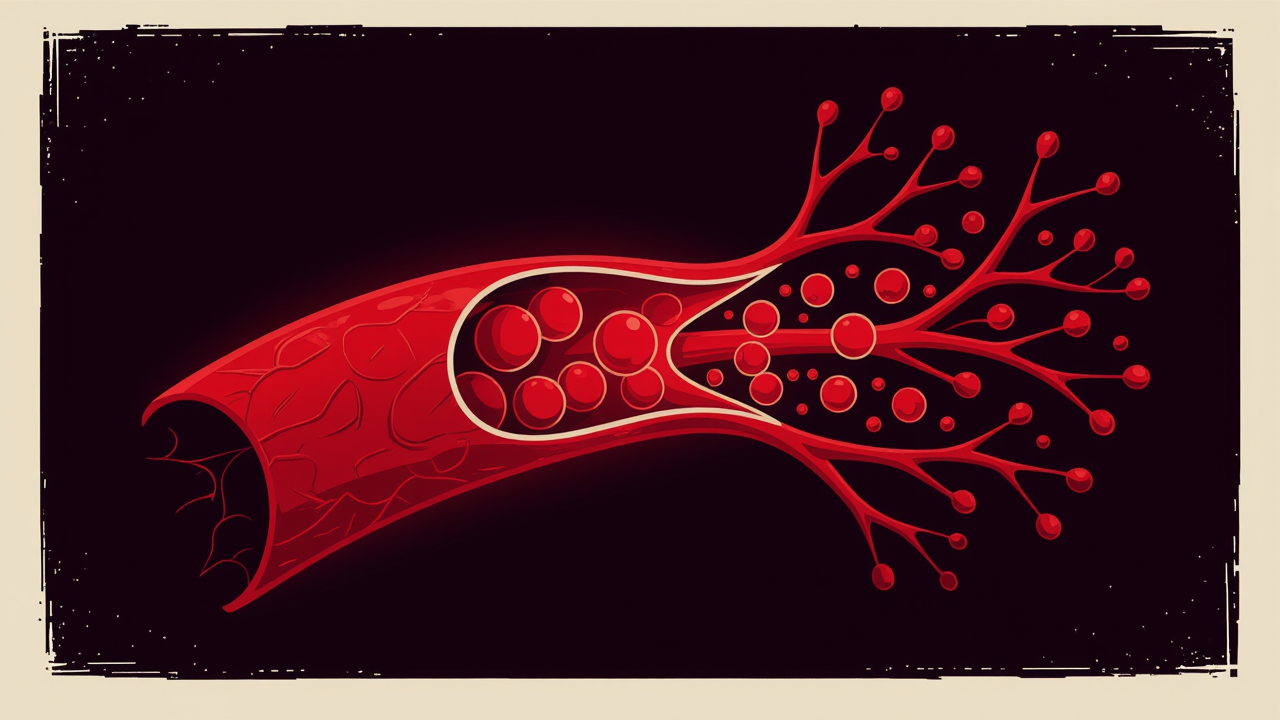 Cross-section of a glowing scarlet artery with blood rushing through the lumen