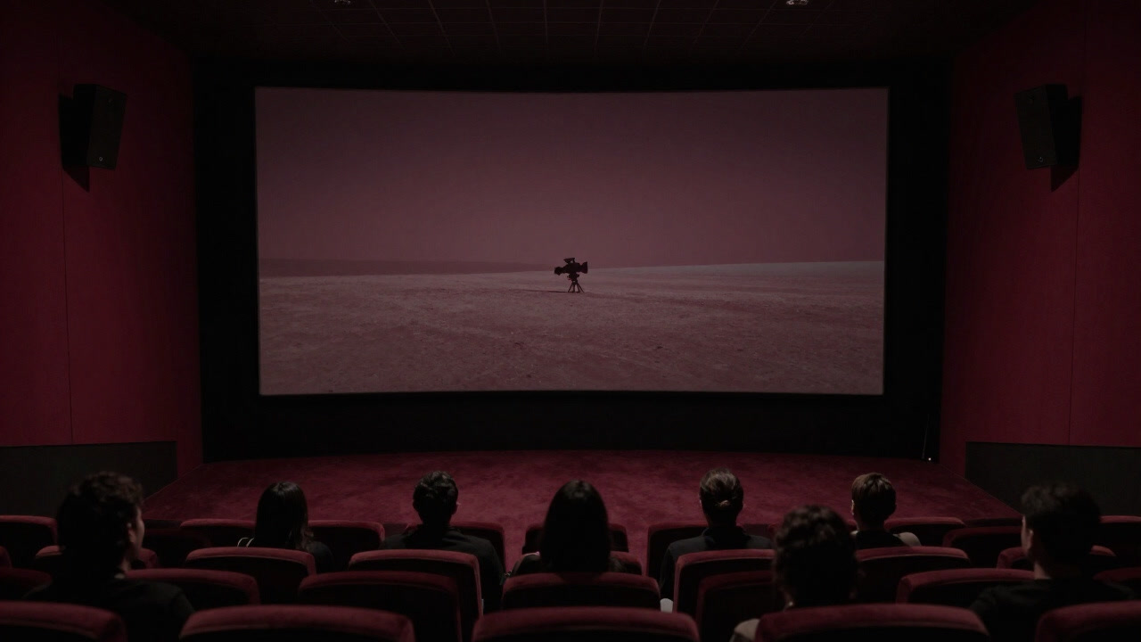 In a dim art-house cinema, a single landscape shot lingers on the screen for minutes.