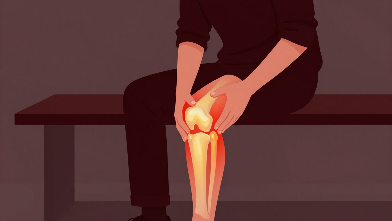 椅子に座りながら膝を押さえて苦悶する人の膝関節拡大図