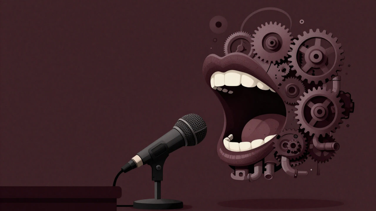 歯車のような口が滑らかに回転しながら言葉を絞り出すイラスト