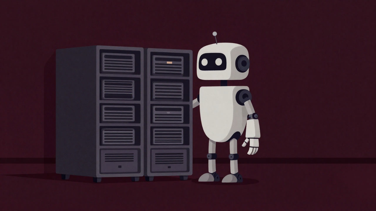 Illustration of a mischievous robot looming over data servers in a dark environment
