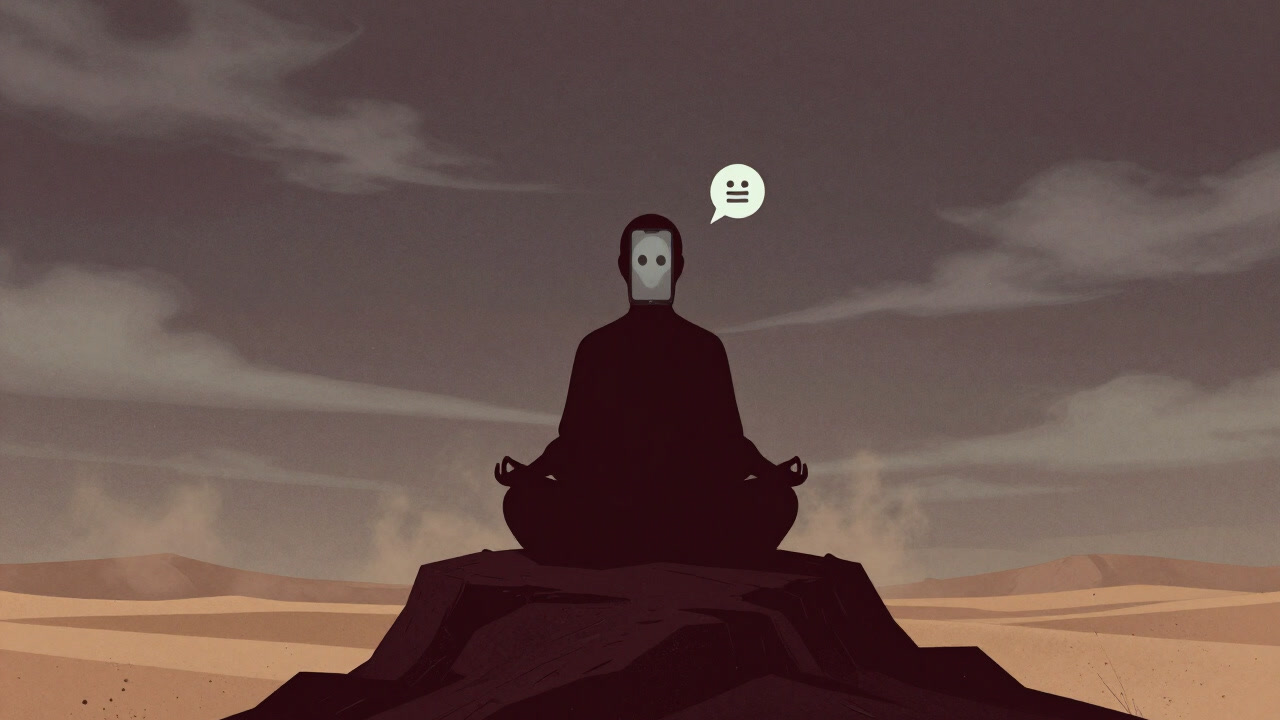 砂漠の岩の上で瞑想しながら痛みに耐える修行者の影絵。空は曇り、砂埃が舞う。