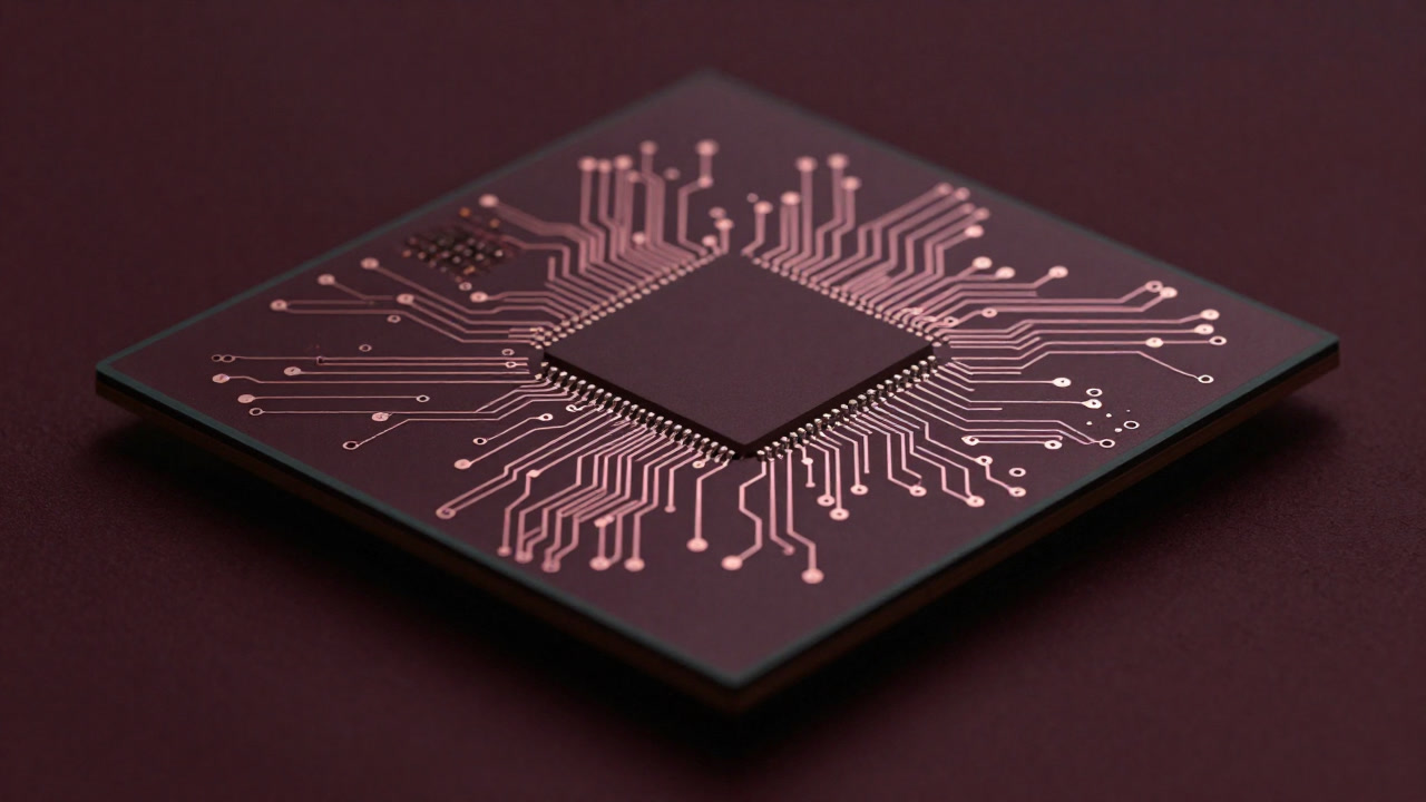 シリコン基板上に精密な回路が光るASICのクローズアップ画像