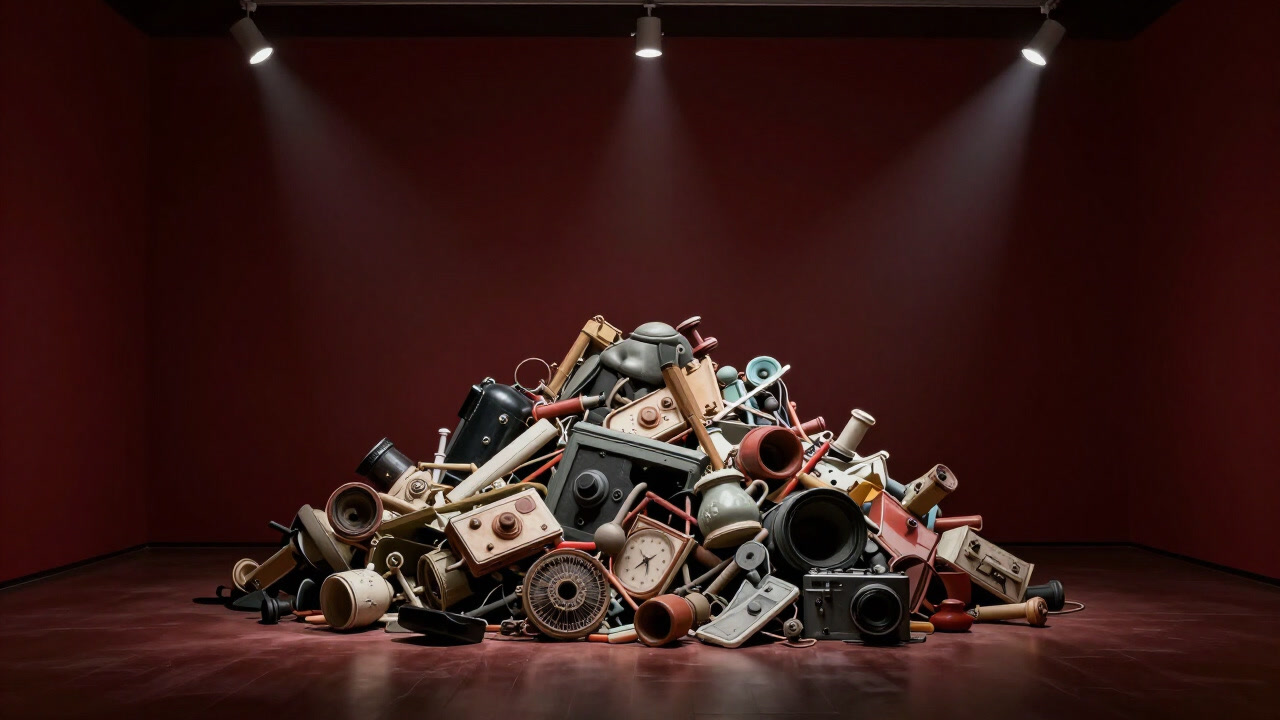 Photo of an assemblage artwork composed of random junk piled up and glowing eerily