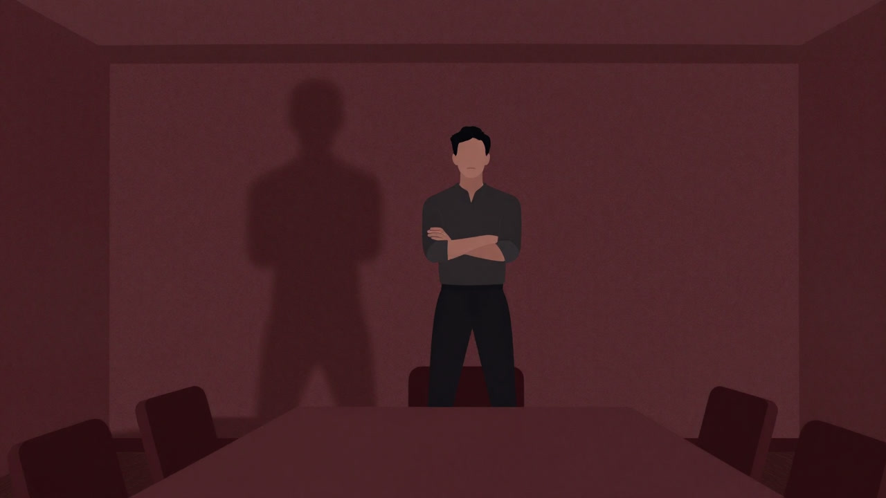 Illustration of a silhouette standing confidently with arms crossed among a group, casting a massive shadow on the wall.