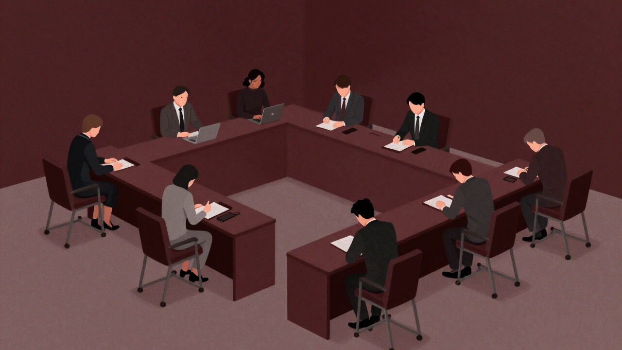 Image of candidates sitting at desks in a conference room viewed ominously from above