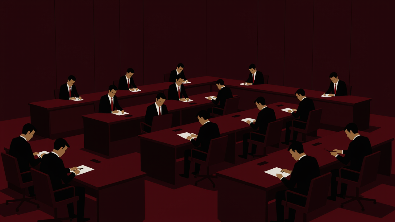 会議室に並んだ机と椅子の前で俯く受験者たちを上から見下ろす不気味な視点の画像