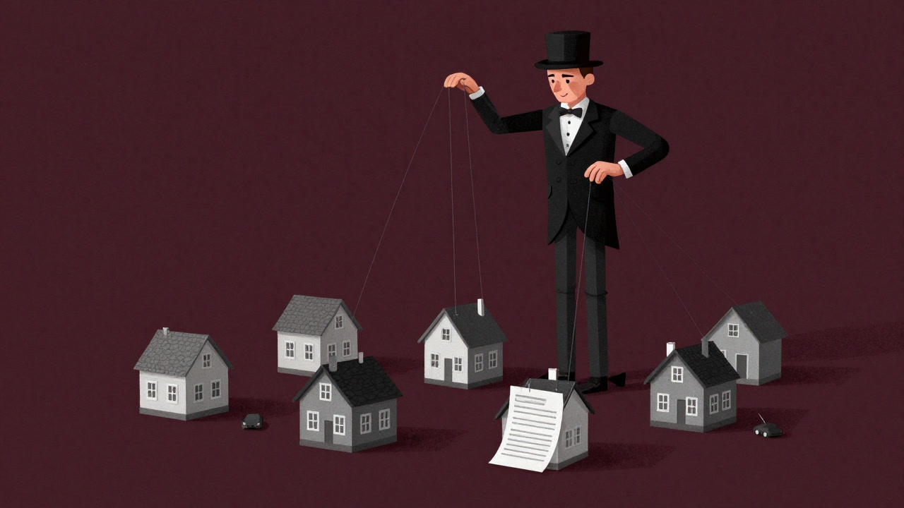 様々な資産が糸で操られ、ABSという名のマリオネットマスターの手で動かされる風刺的なイラスト