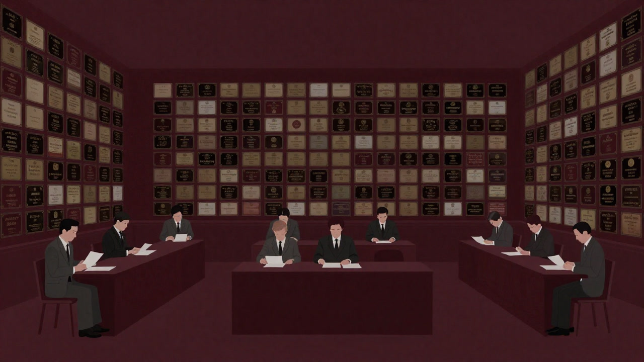 壁一面に会員証がずらりと掛かり、誰一人顔を上げずに資料を読む人々の写真風イラスト