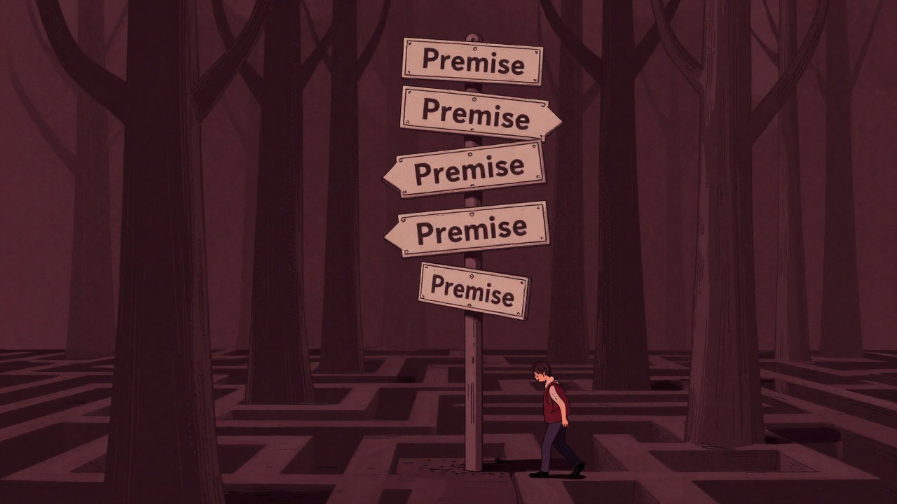 Illustration of countless signposts labeled 'Premise' standing in a debate hall looking down at a lost thinker.