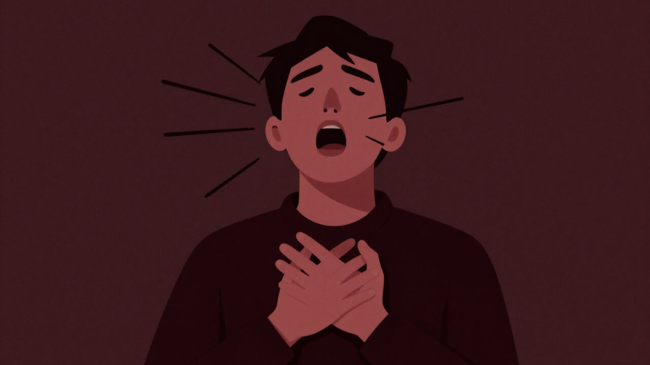 胸元に手を当てて苦しそうに息をする人物のイラスト