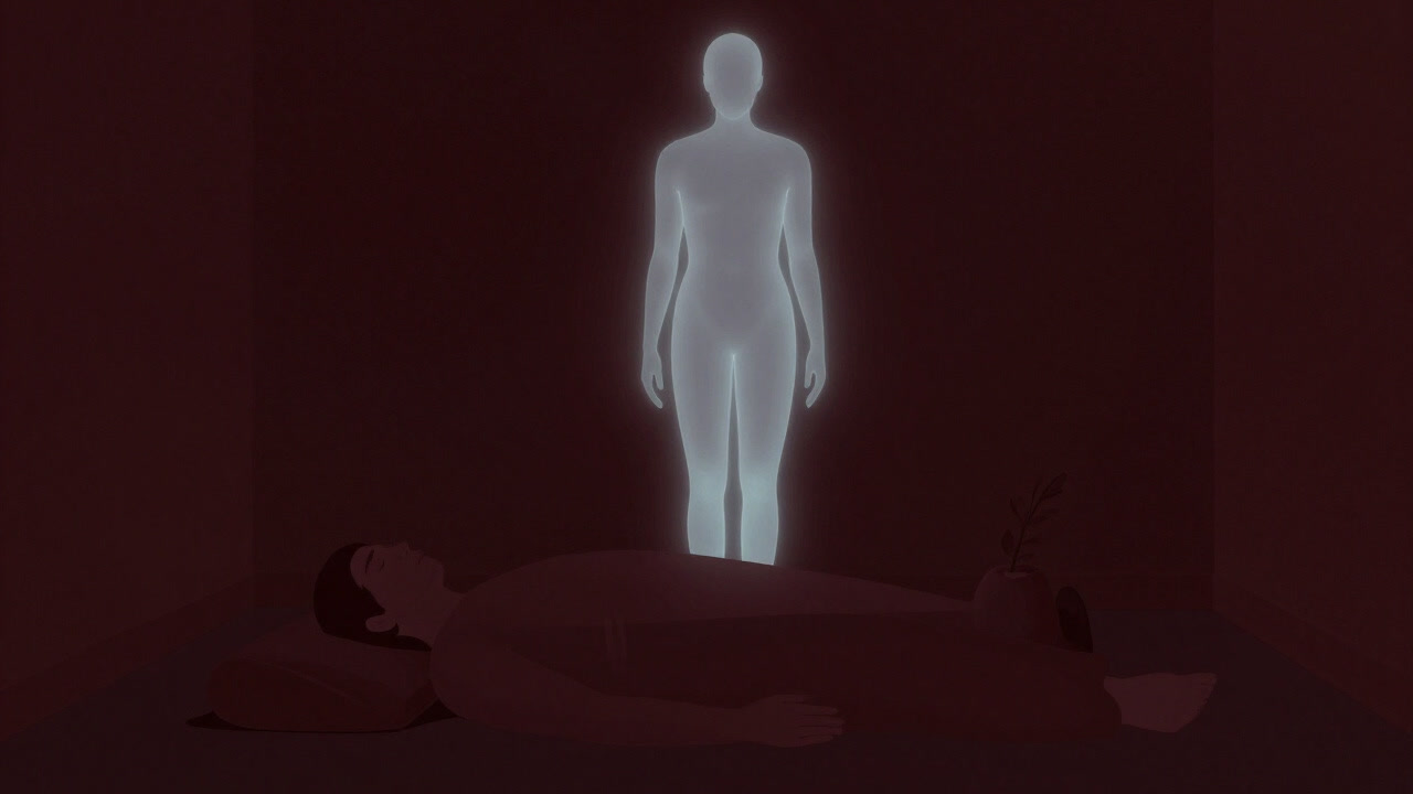 暗闇の中で身体からほのかに光るアストラル体が抜け出して浮遊するイラスト