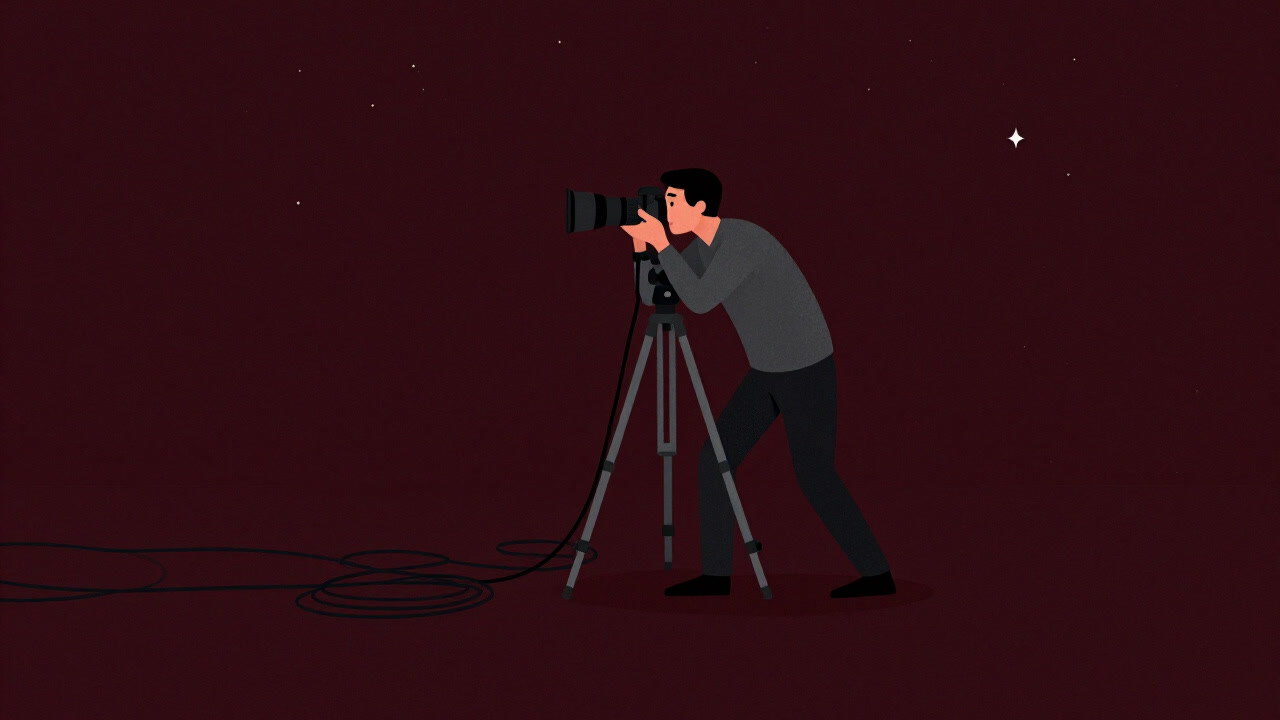 Silhouette of a photographer looking up at the night sky with camera and tripod