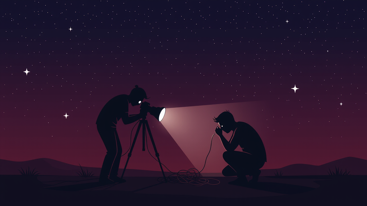 Silhouette of a photographer looking up at the night sky with camera and tripod