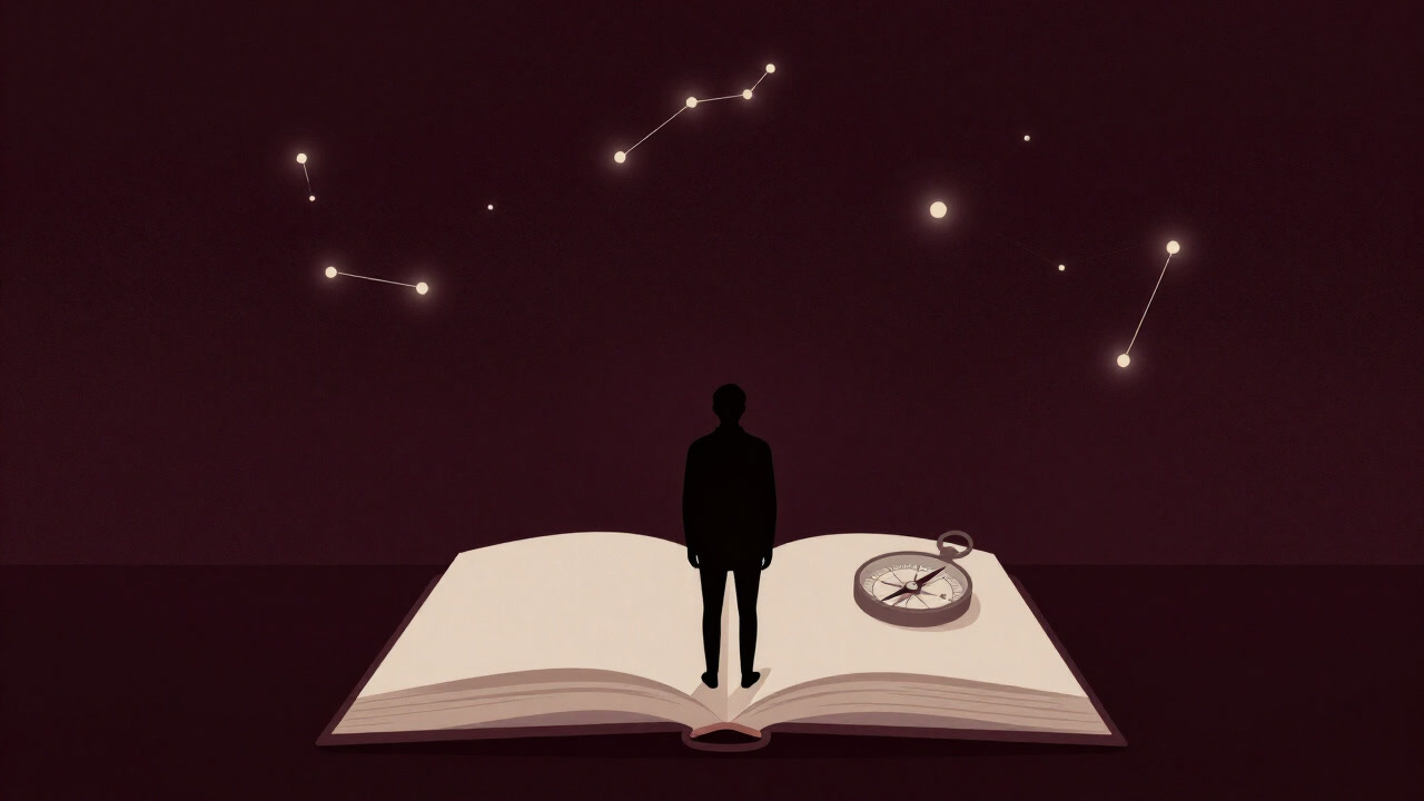 星空を背景に、星座の光が淡く浮かび上がる中、書物とコンパスを前に不安げに佇む人物のシルエットの画像