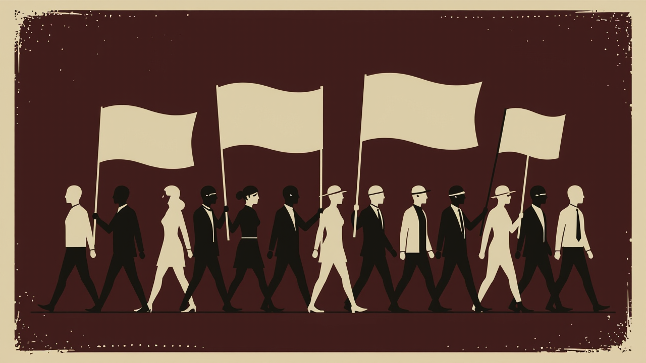 市民のふりをした人形たちが行進するイラスト