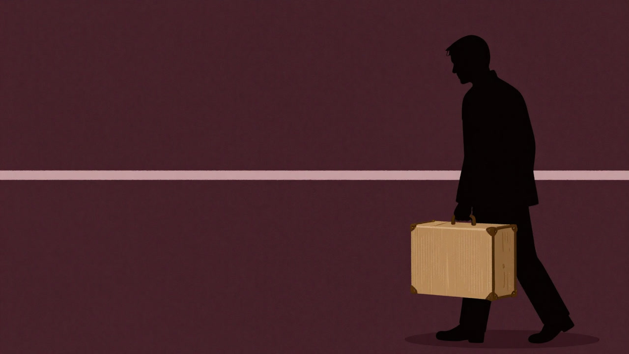 Silhouette of a person holding a cardboard trunk, looking bewildered at a border line.