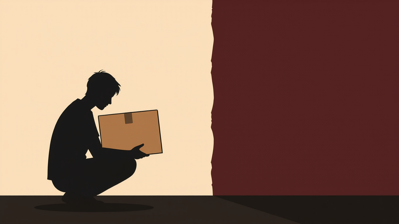 Silhouette of a person holding a cardboard trunk, looking bewildered at a border line.
