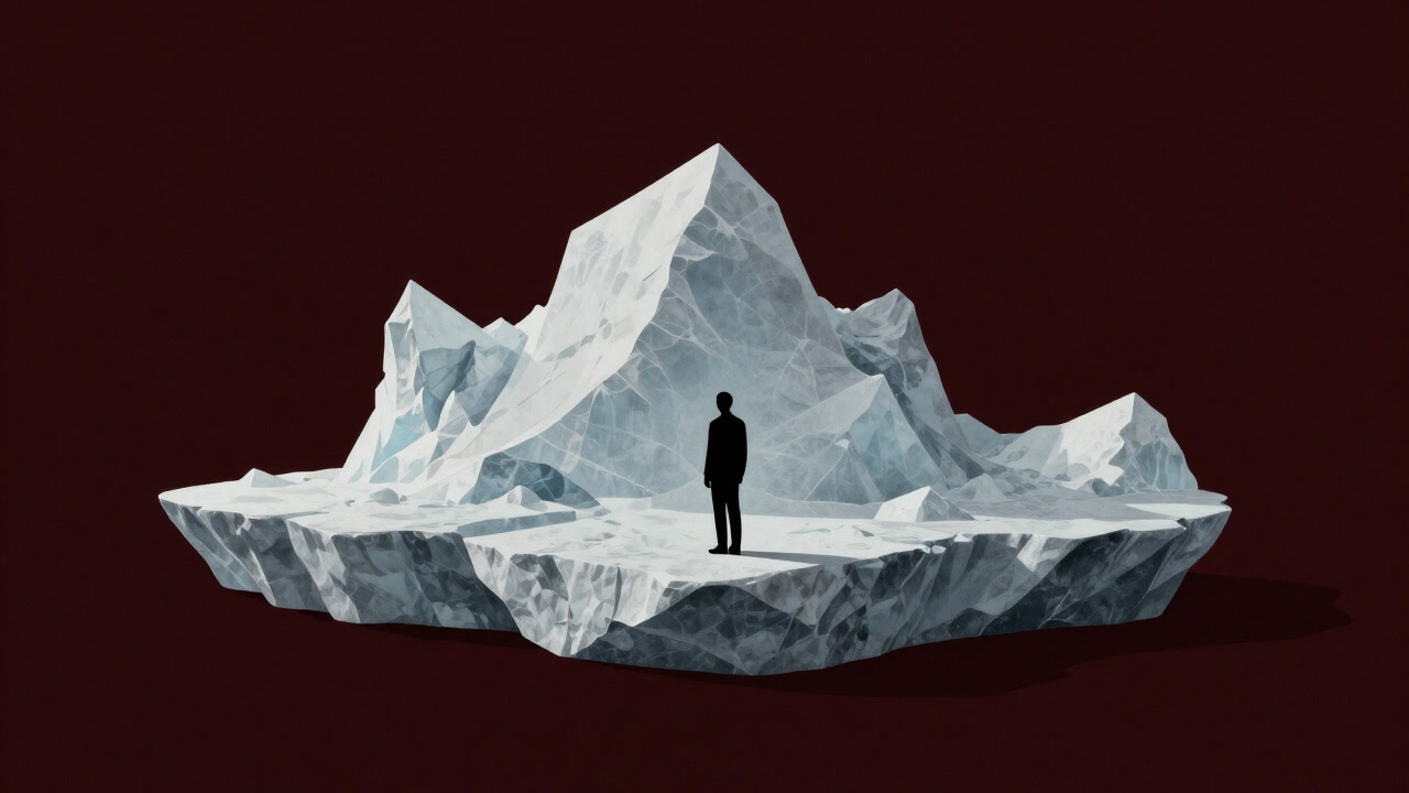 冷たい氷山の中で孤独に佇む人影のシルエット