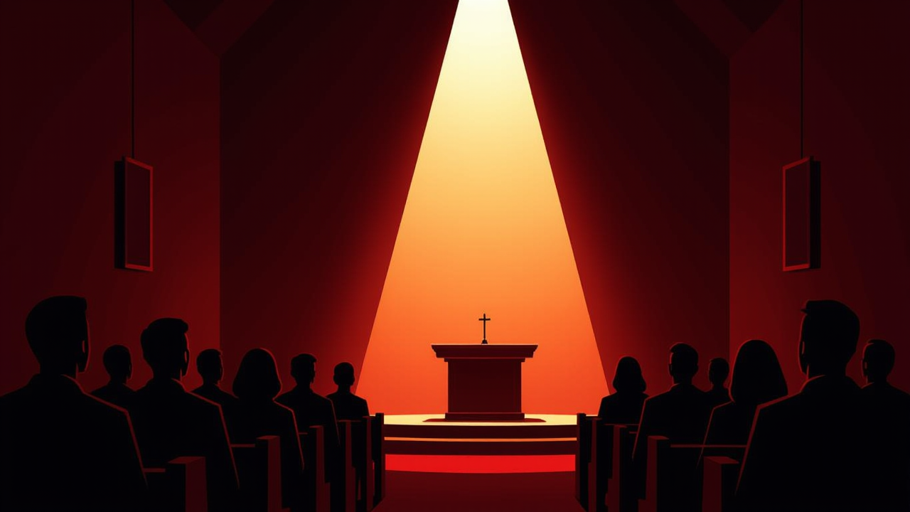 Silhouettes of people staring at an empty pulpit