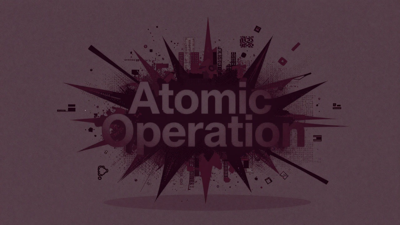 Image showing the text 'Atomic Operation' floating against a backdrop of colliding code fragments about to explode in pixels