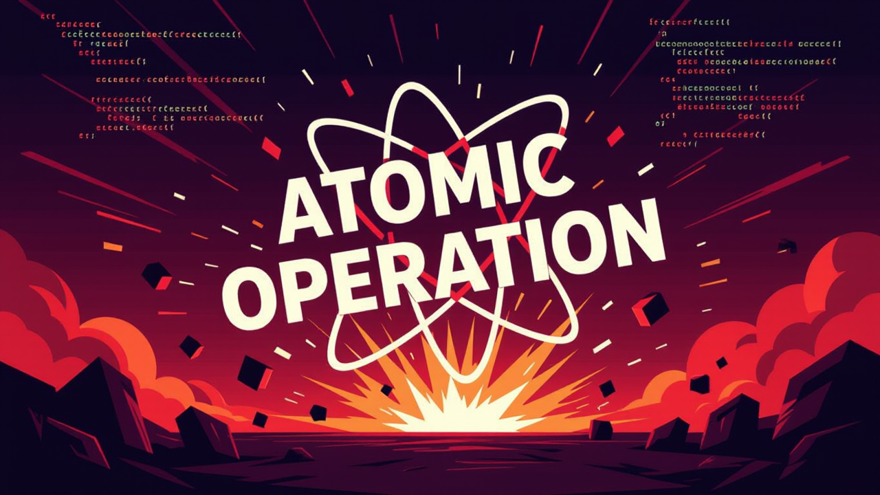 Image showing the text 'Atomic Operation' floating against a backdrop of colliding code fragments about to explode in pixels