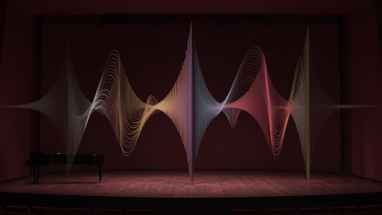 An image of a dark concert hall swirling with dissonant chords that seems to reject sight