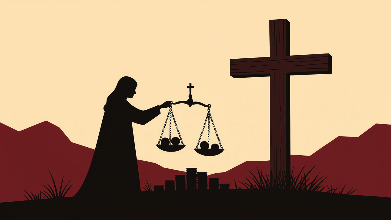 Silhouette of a person placing sins and coins on a small scale before a cross, balancing them