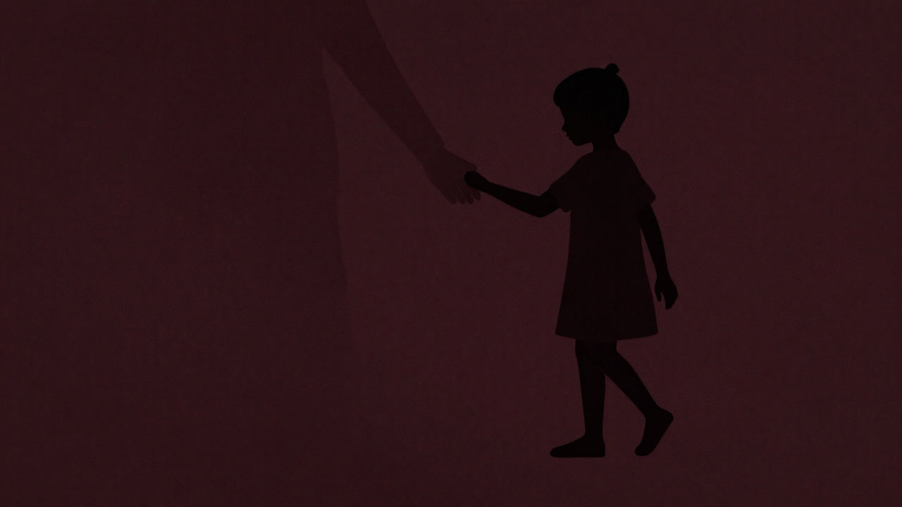 子どもの手を握る影だけが見えるシルエット画像