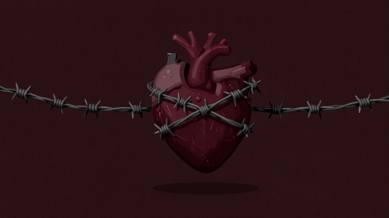 Illustration of a heart bound by chains with barbed wire, trembling in darkness