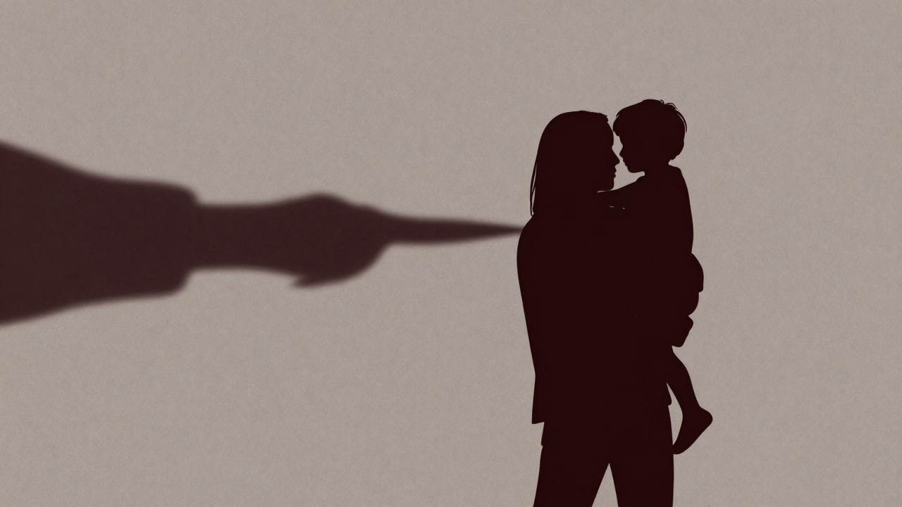 Silhouette of a child embraced by a parent's arm, looking completely secure while a dark shadow seems to pull them away