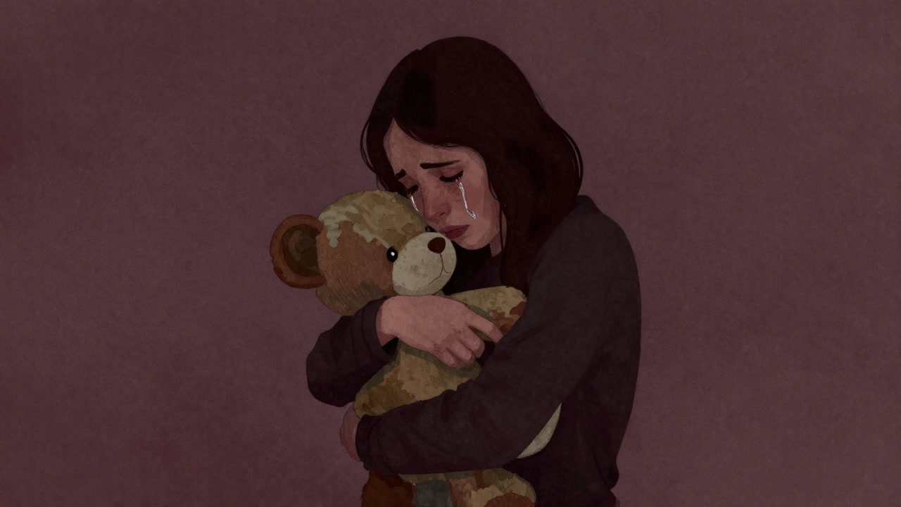 Profile of a person hugging an old stuffed animal and crying