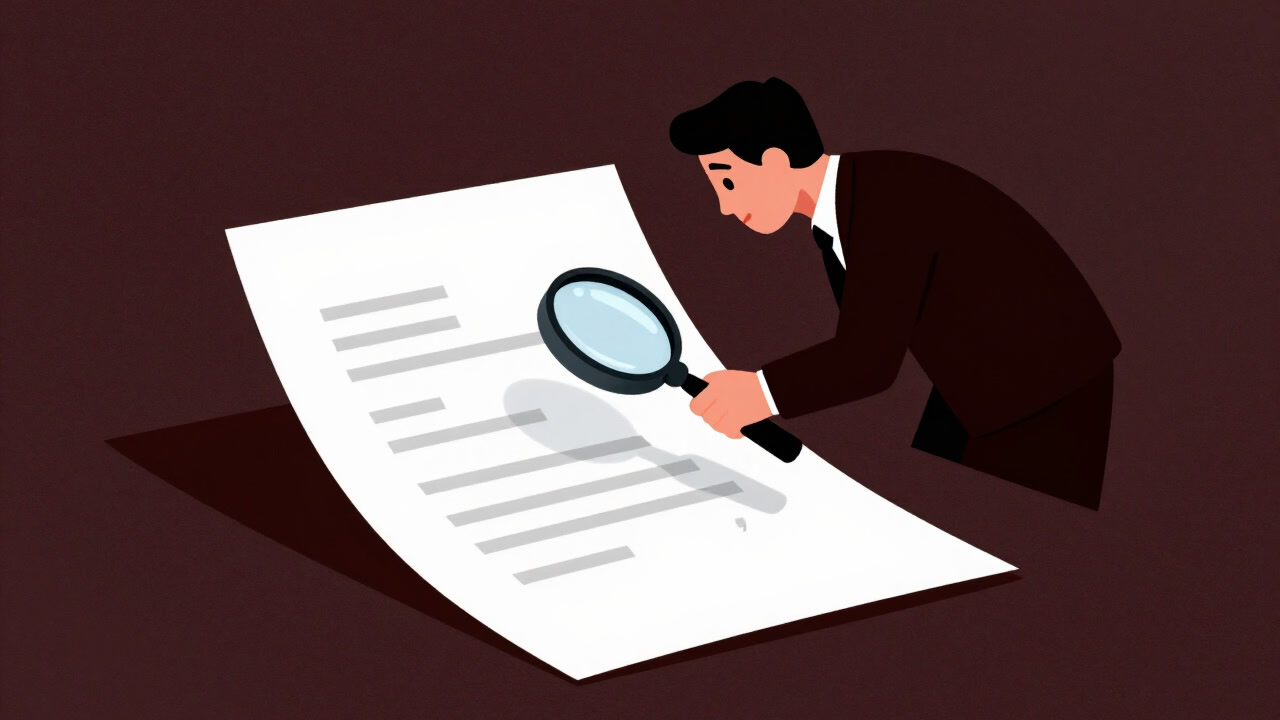 Silhouette of a businessman peering at a document corner with a magnifying glass