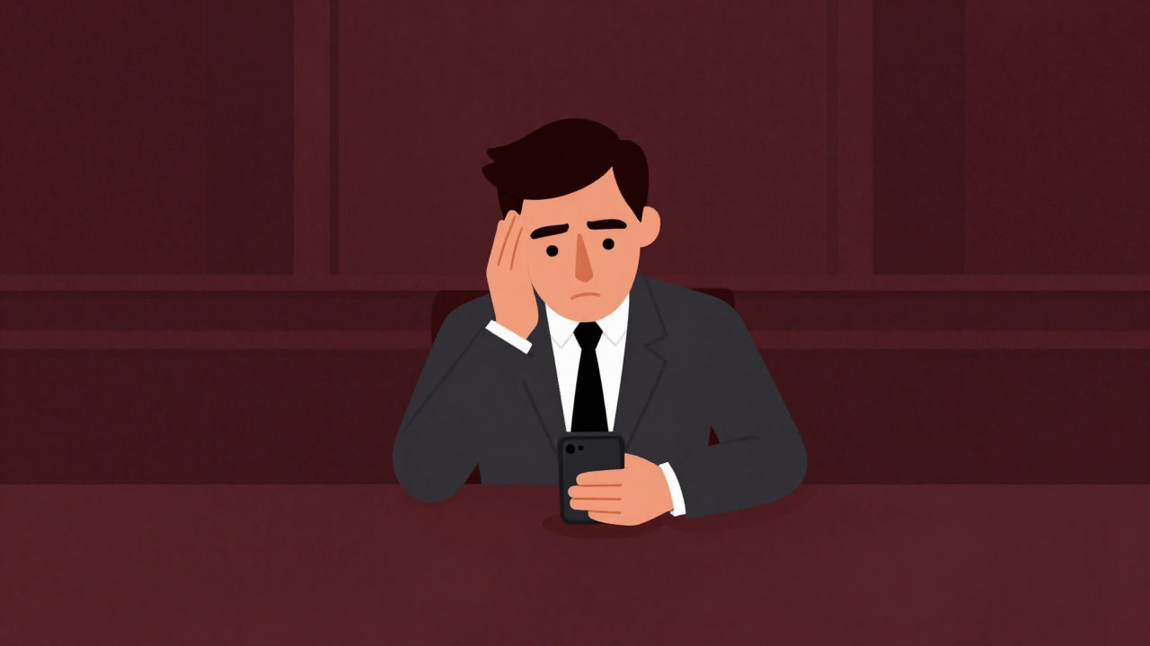 会議室で真剣な表情で相手を見つめつつ、内心は携帯をチェックしているビジネスマンのイラスト