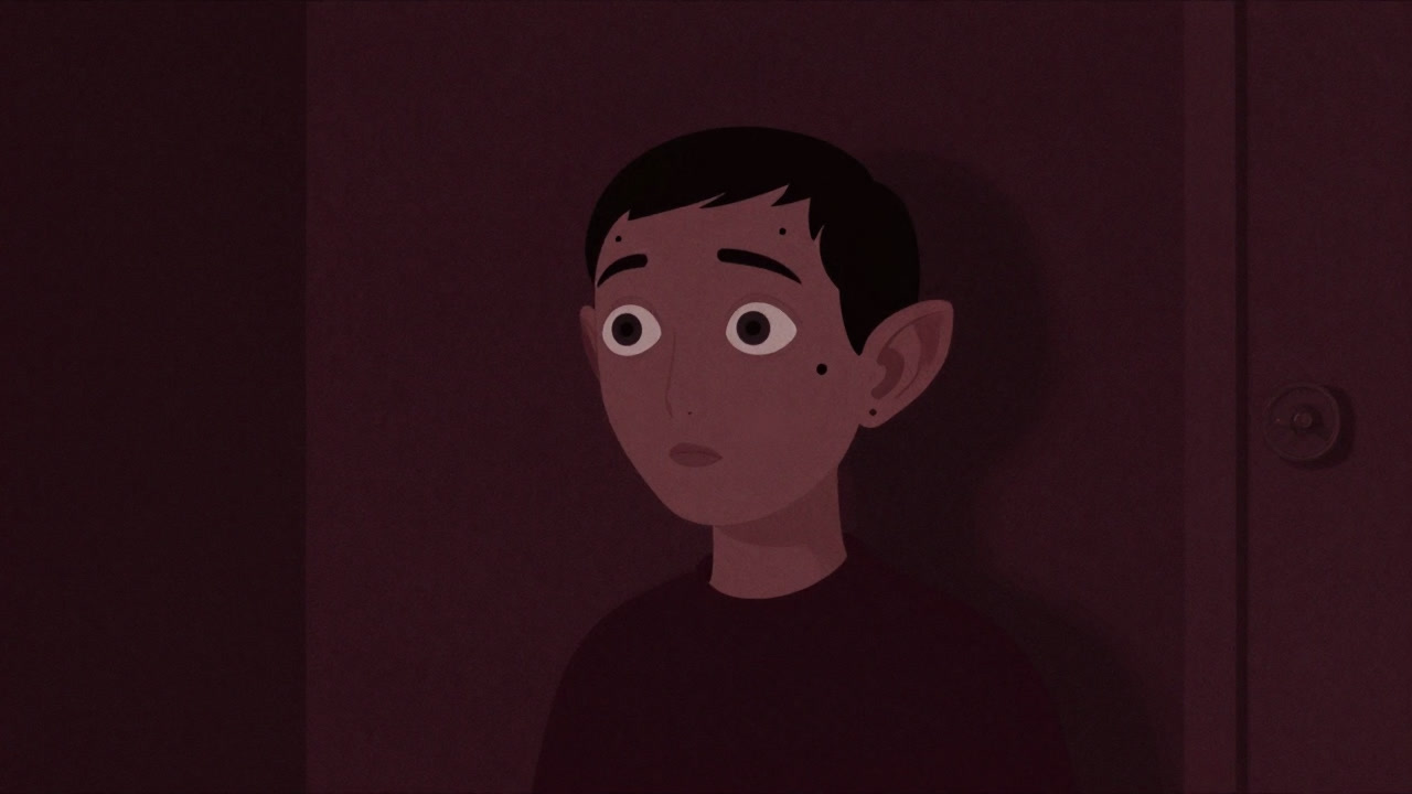 あらゆる方向を同時に見つめる巨大な目と、複数の耳を持つ擬人化された存在が薄暗い部屋で警戒する様子