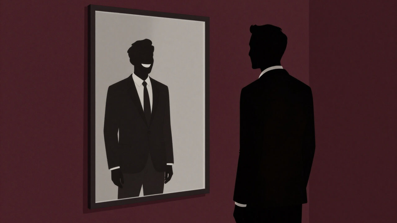 Silhouette of a businessman in front of a mirror wearing a superficial smile of vanity.