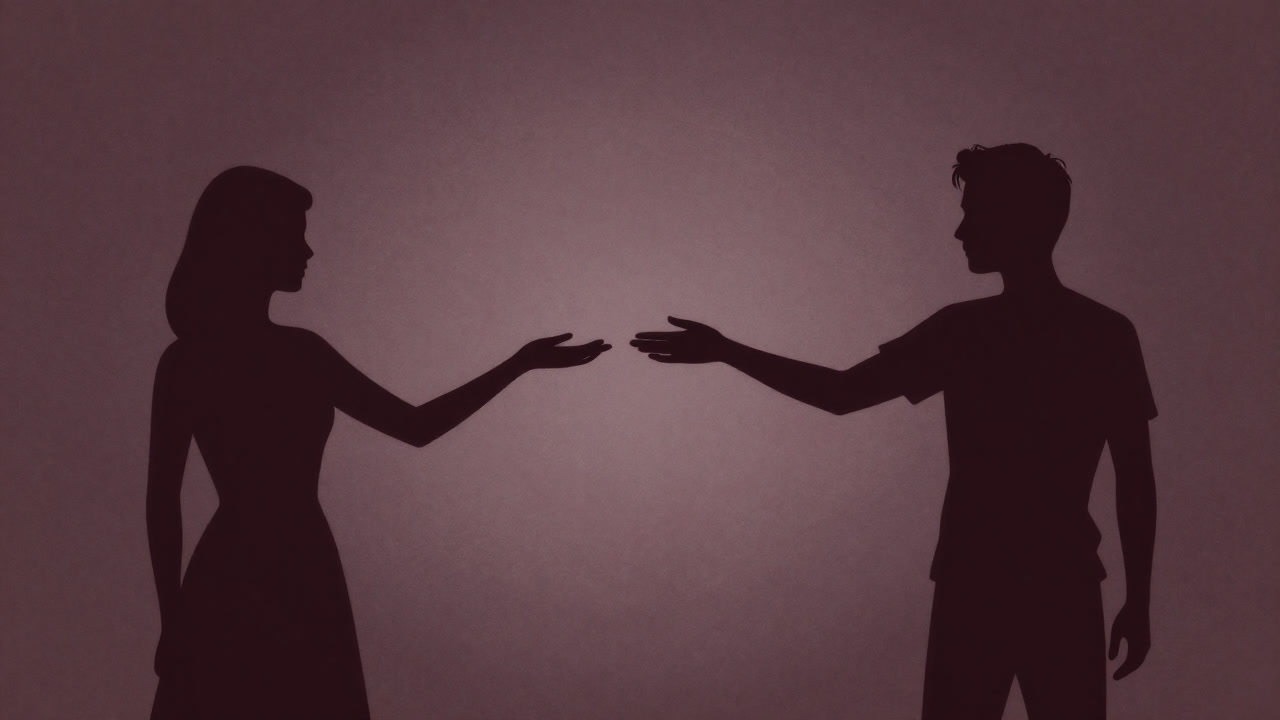 Silhouettes of two people reaching out and gazing at each other, illuminated by intersecting lights while maintaining distance.