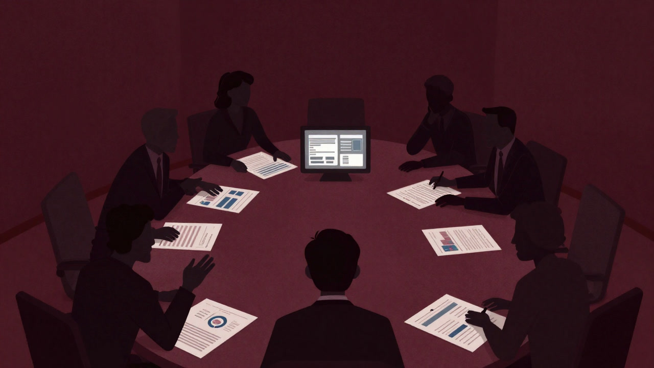 Silhouette of marketers debating over piles of graphs and numbers on a conference table