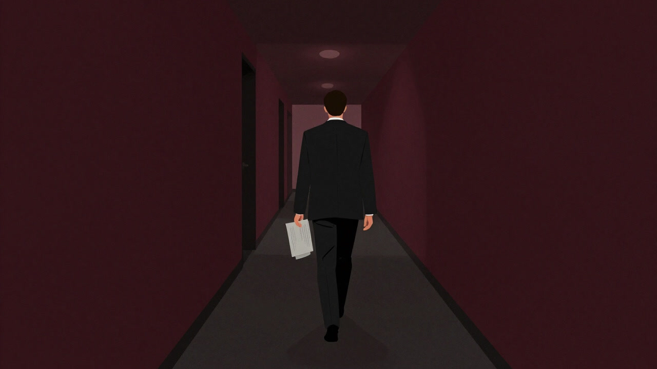 薄暗いオフィスの廊下で、自らの書類を持って黙々と去っていく背中姿