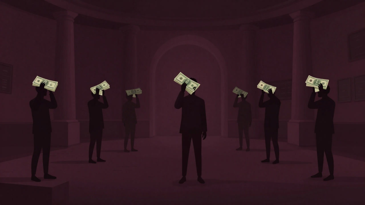 Silhouettes of shadowy bidders holding up stacks of cash in a dimly lit hall
