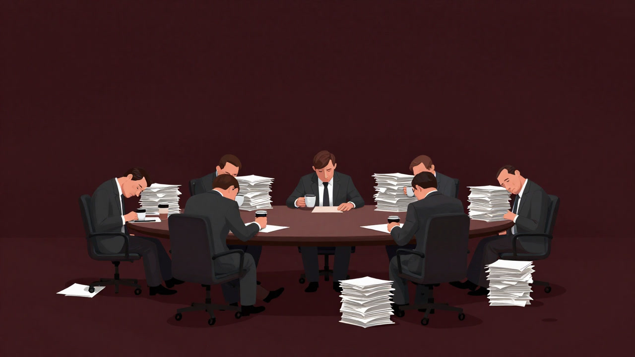 重い書類の山に埋もれながら眠そうな表情で座る監査委員会のメンバーたちのイラスト
