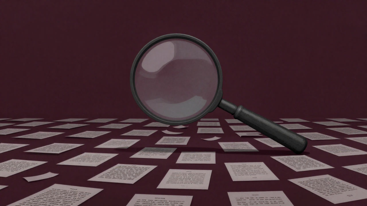 Illustration of a magnifying glass peering into a sea of swirling logs and documents