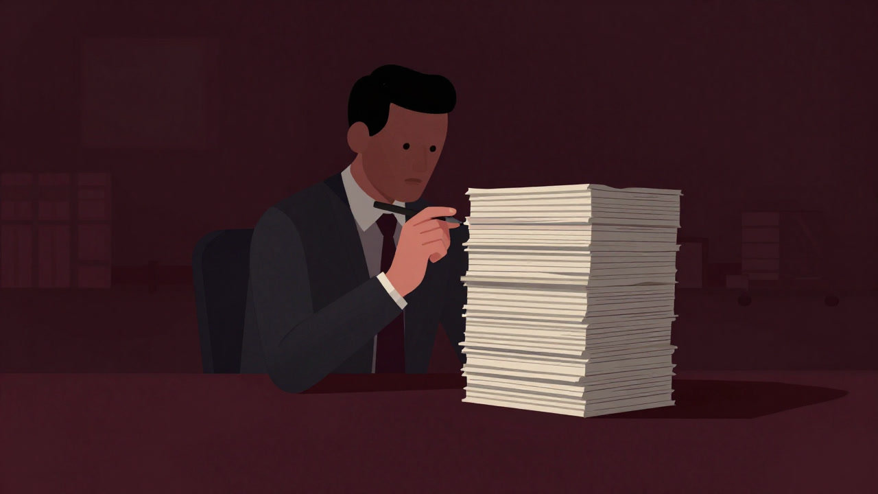 An auditor holding a pen stares intensely at a towering stack of ledgers.