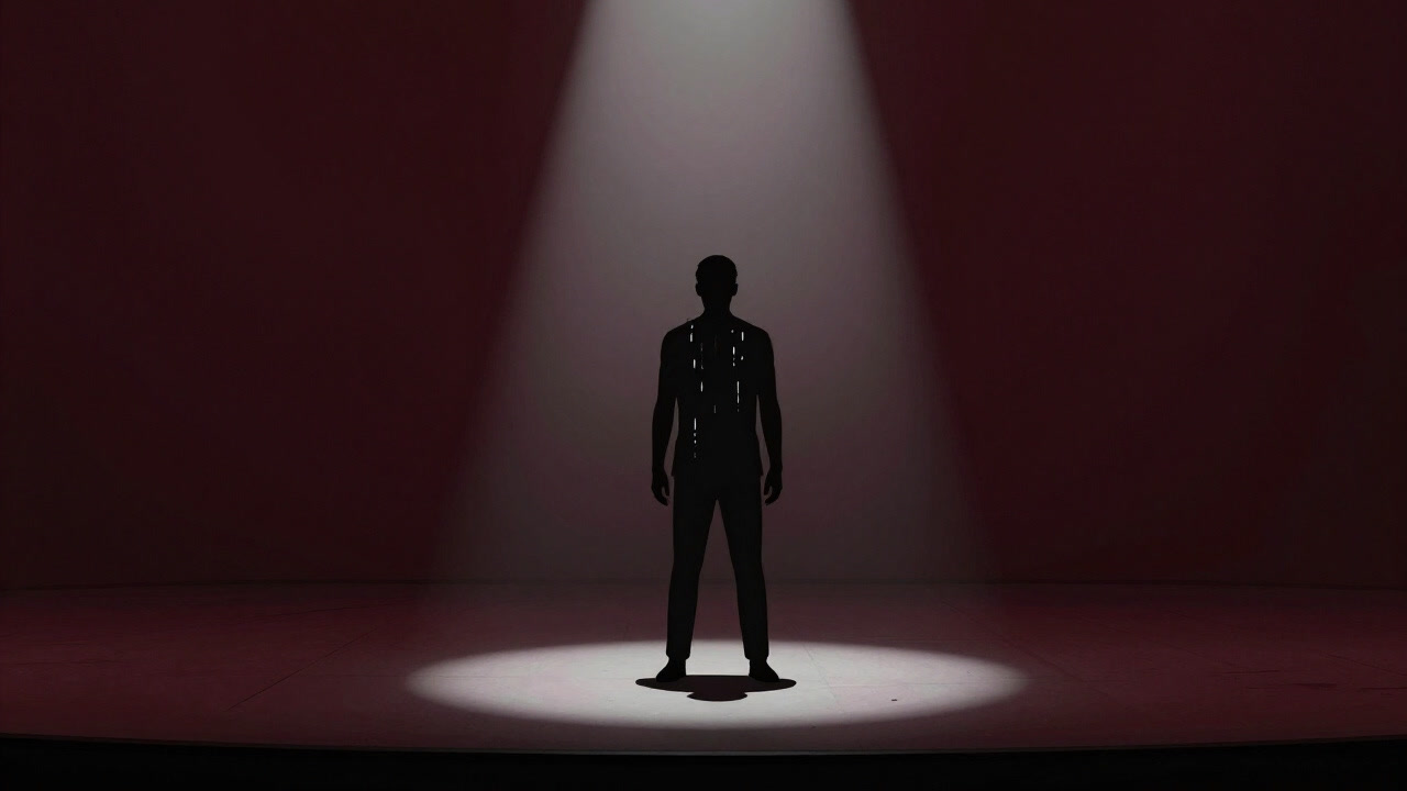 Silhouette of a contestant sweating with tension, staring at an empty audience