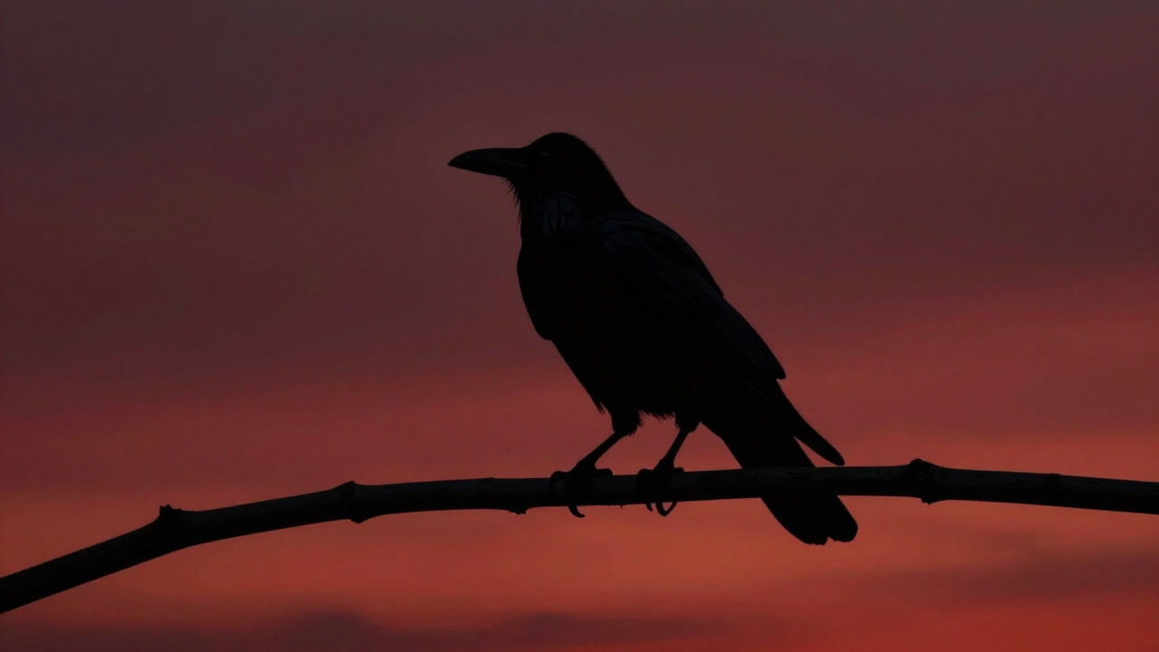 Silhouette of a crow perched on a branch gazing into the distance against a blood-red sunset.
