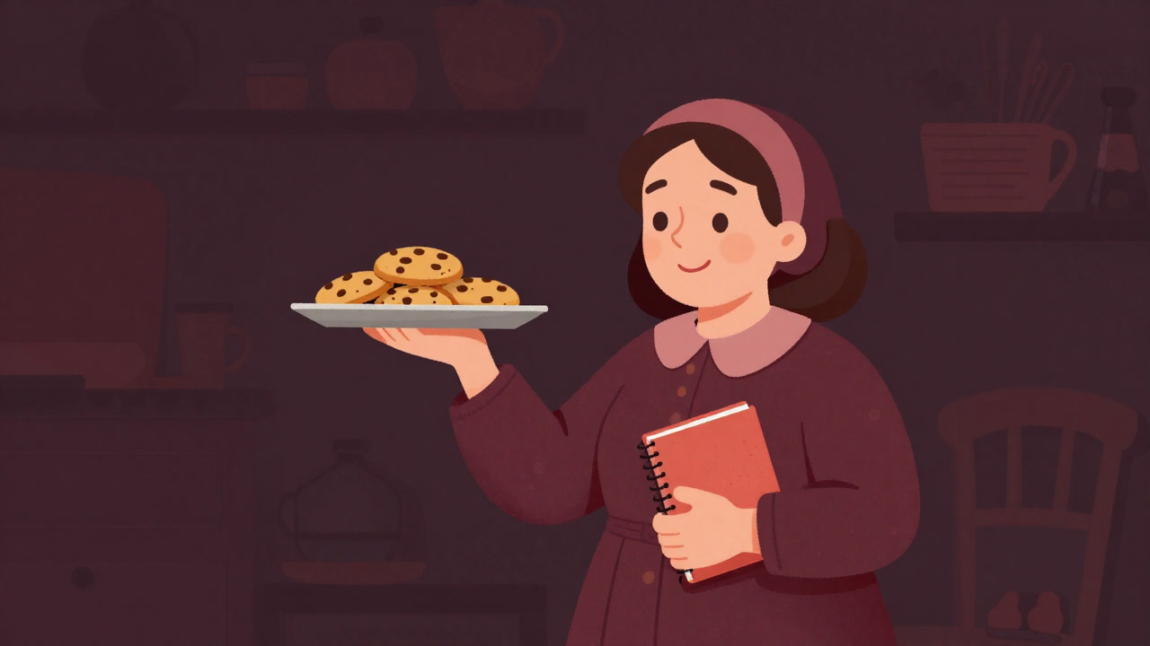 片手にクッキー、もう一方の手にノートを持ち、好奇心旺盛な表情で話しかける叔母のイラスト