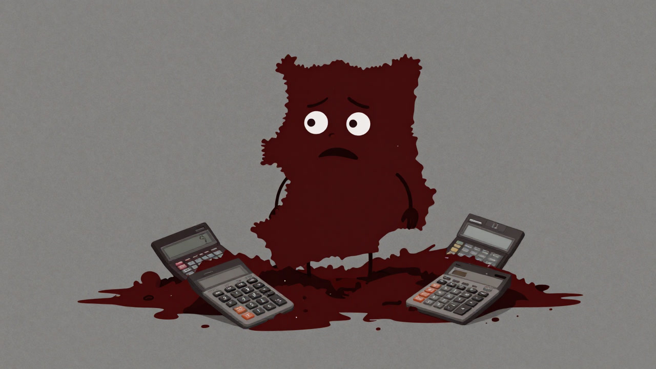 Character shaped like a country buried in stacks of red ink and calculators