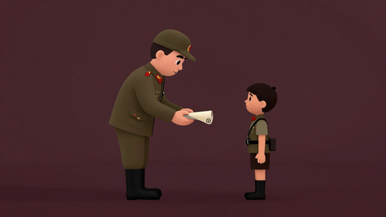 Illustration of a parent in military uniform handing a command scroll to a child