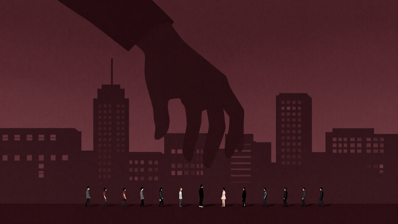 Illustration of tiny people lined up obediently under the shadow of a giant hand overlooking a city